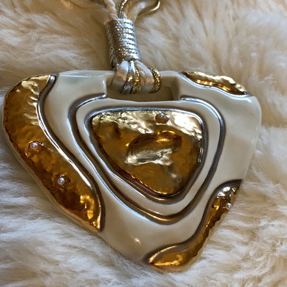 Vtg 80s necklace Artisan metallic gold pottery sculpture pendant choker - Picture 5 of 10